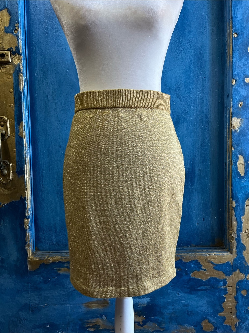 Andrea Jovine Gold Metallic Knit Midi Pencil Skirt